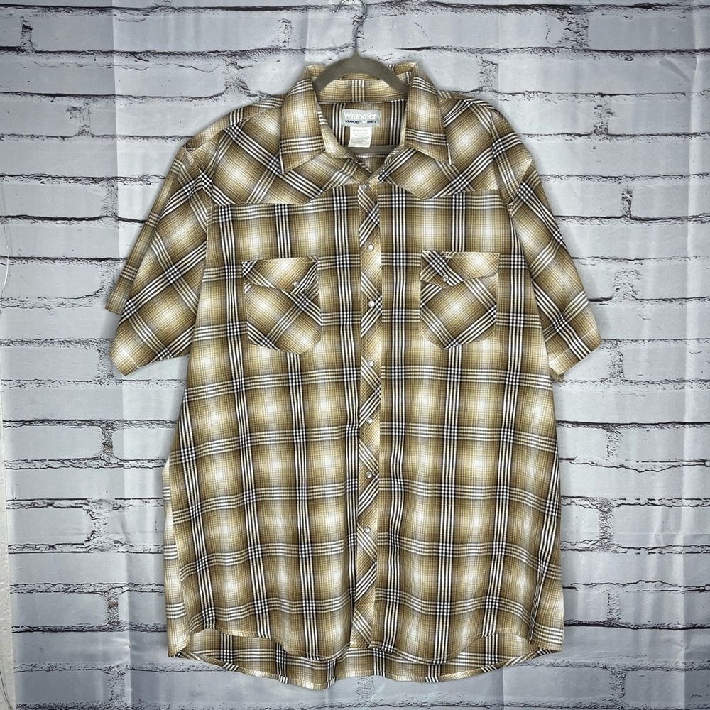 Wrangler 2XL Tall Button-Up Shirt White Tan Western Cowboy Workwear Casual